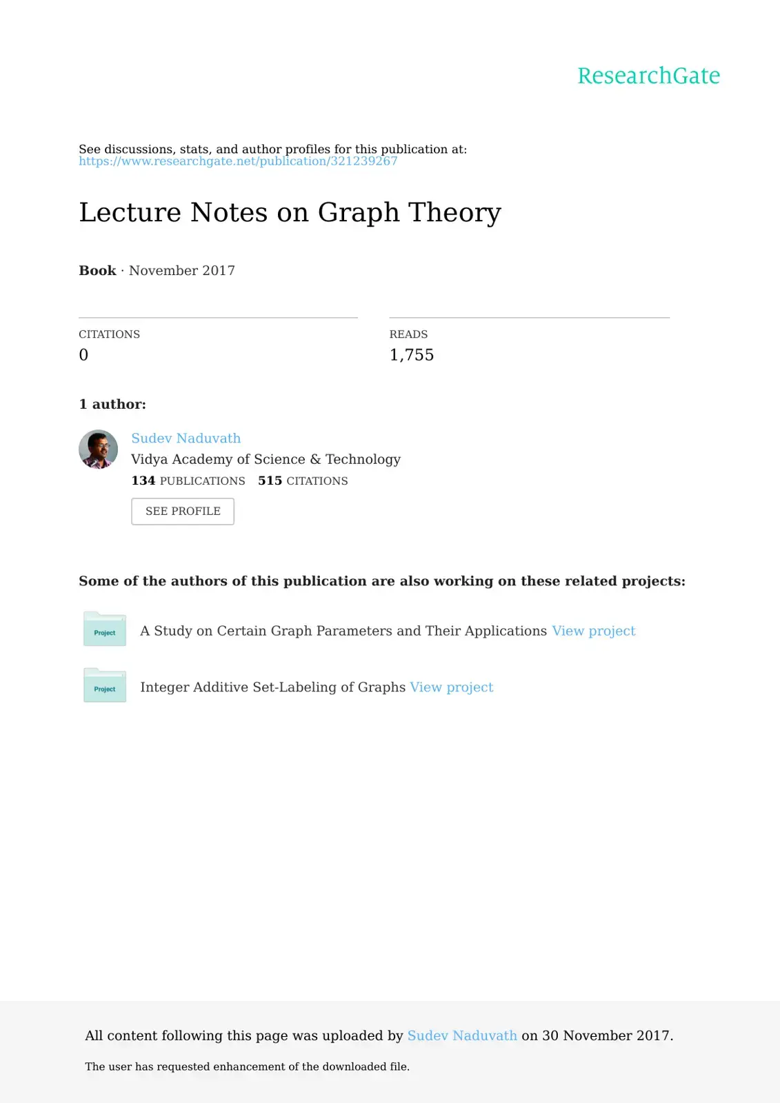 غلاف كتاب Lecture Notes on Graph Theory