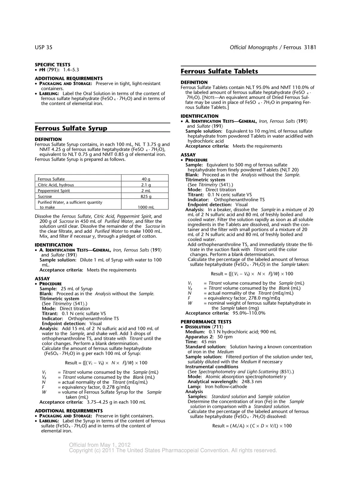 غلاف كتاب USP 35 Official Monographs / Ferrous Sulfate Syrup
