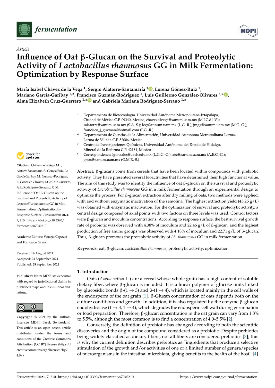 غلاف كتاب Influence of Oat ẞ-Glucan on the Survival and Proteolytic Activity of Lactobacillus rhamnosus GG in Milk Fermentation: Optimization by Response Surface