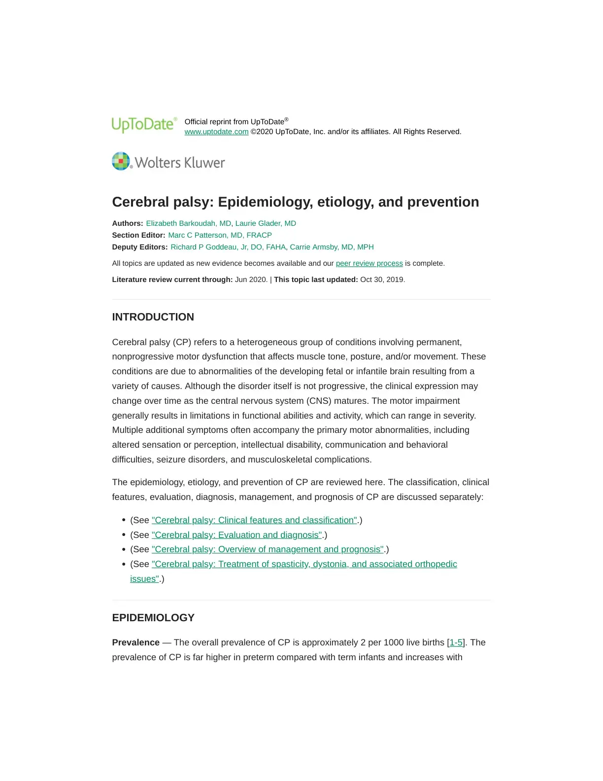 غلاف كتاب Cerebral Palsy: Epidemiology, Etiology, and Prevention