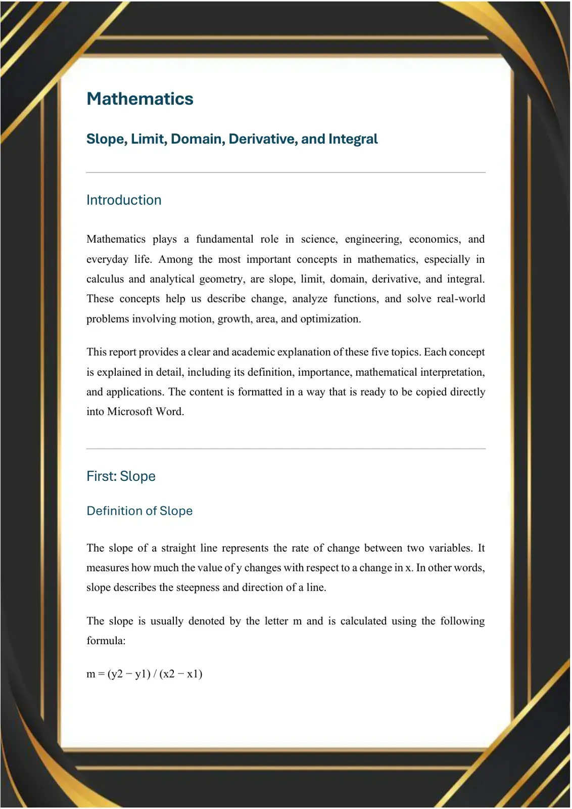غلاف كتاب Mathematics: Slope, Limit, Domain, Derivative, and Integral