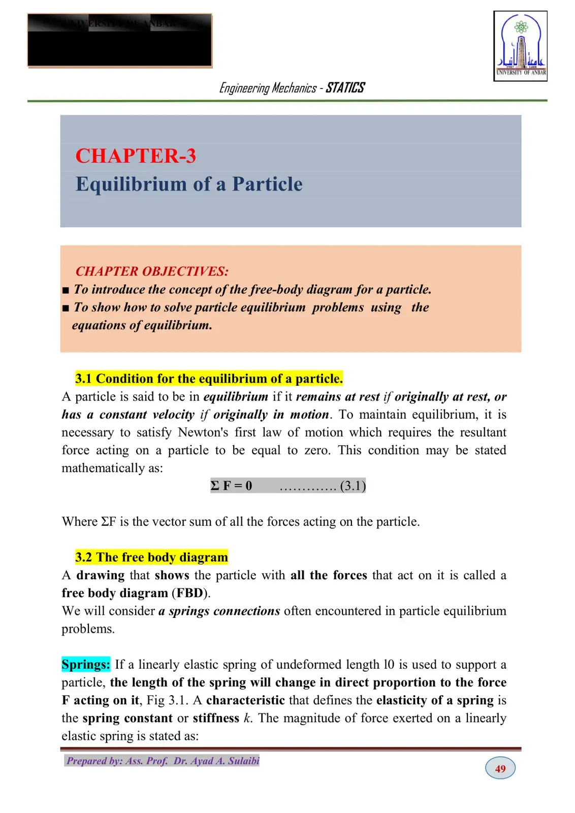 غلاف كتاب Engineering Mechanics - STATICS Chapter 3: Equilibrium of a Particle
