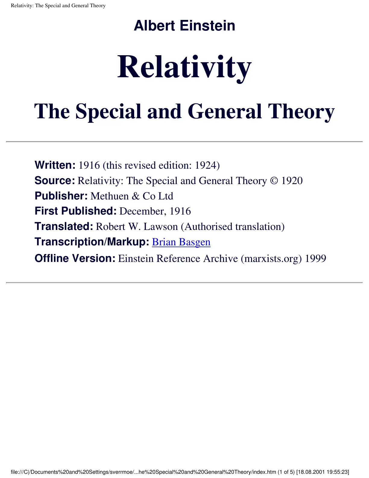 غلاف كتاب Relativity: The Special and General Theory