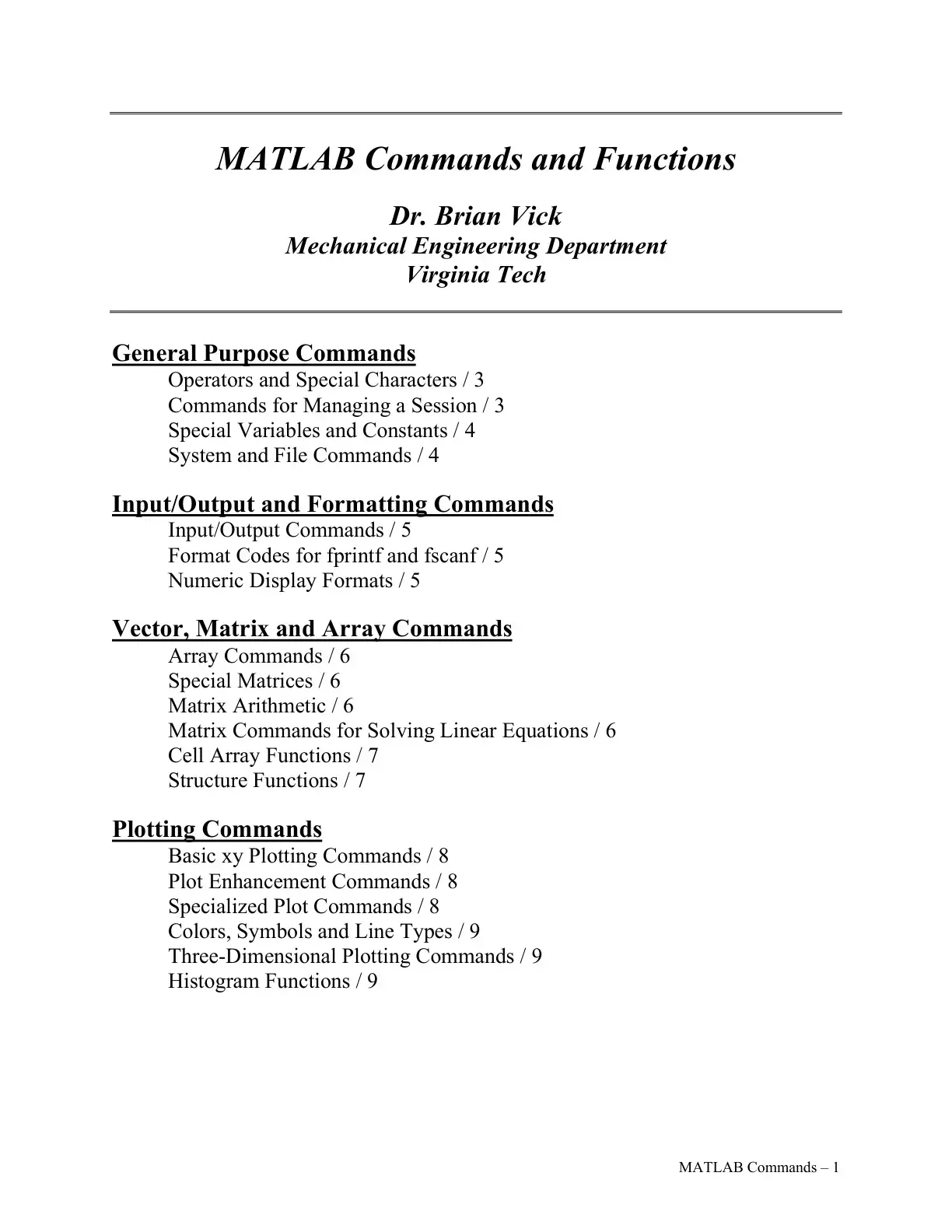 غلاف كتاب MATLAB Commands and Functions