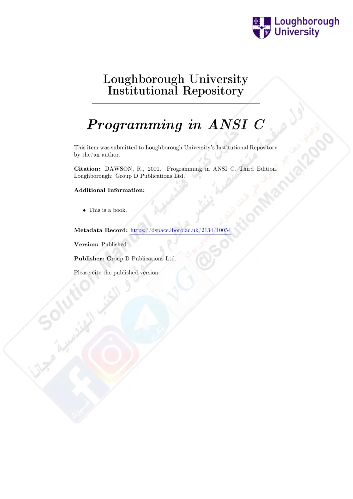 غلاف كتاب Programming in ANSI C – Loughborough University Institutional Repository