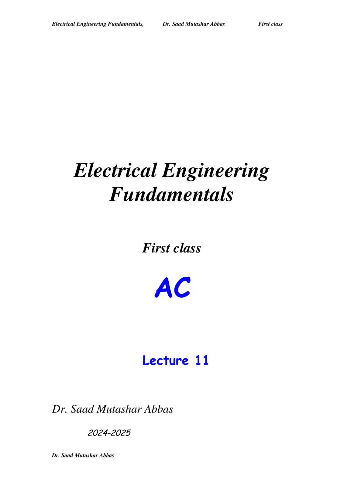 غلاف كتاب Electrical Engineering Fundamentals - AC Lecture 11