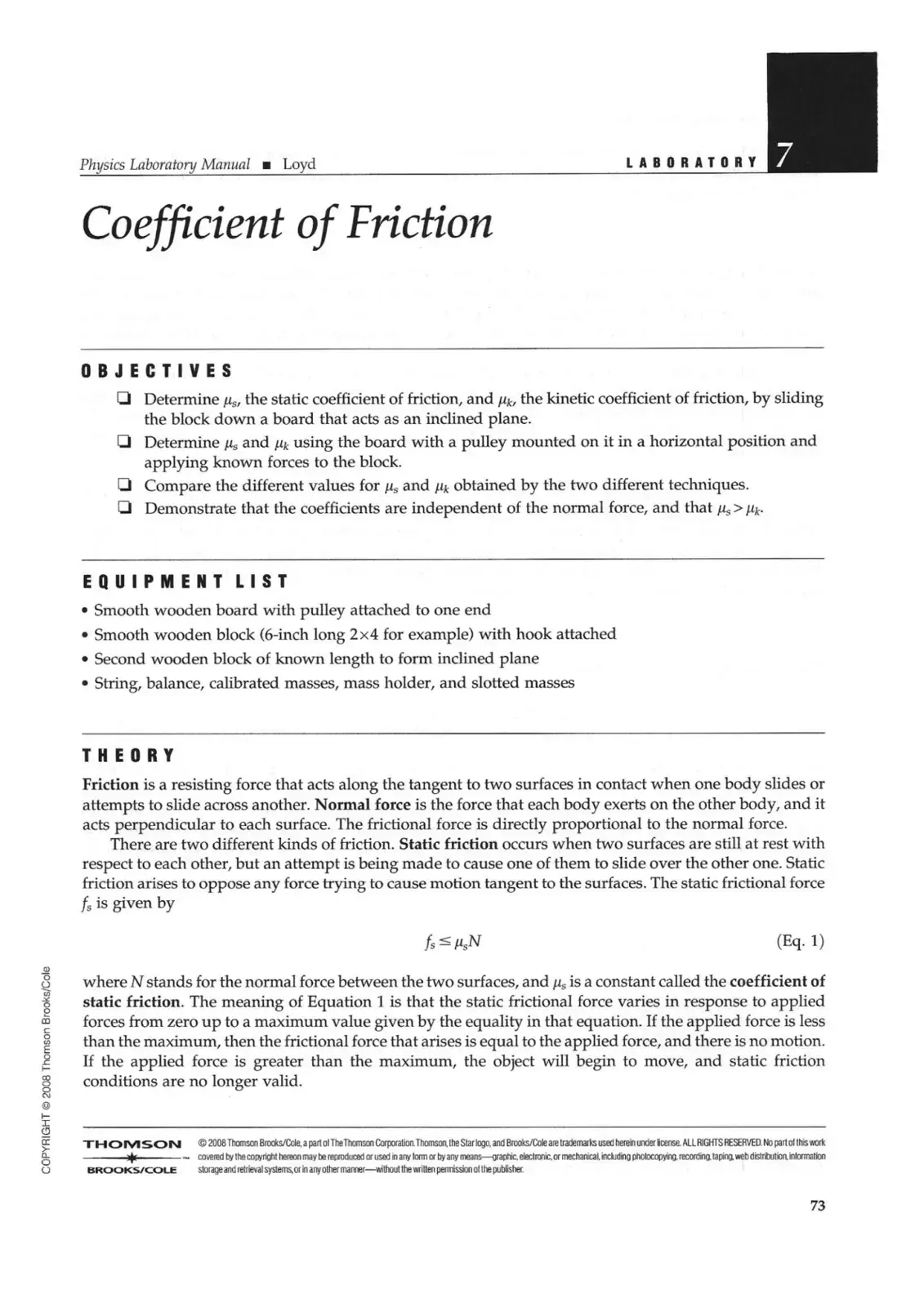 غلاف كتاب Physics Laboratory Manual Loyd - Coefficient of Friction