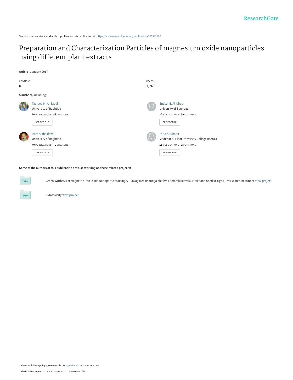 غلاف كتاب Preparation and Characterization Particles of magnesium oxide nanoparticles using different plant extracts