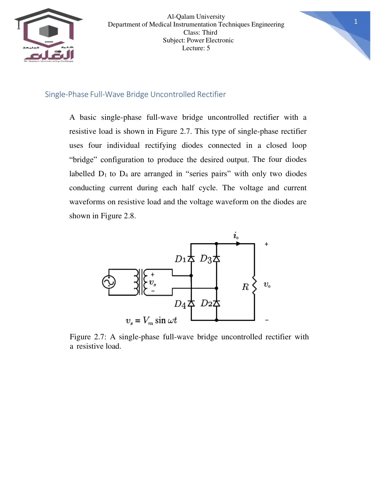 غلاف كتاب Power Electronic - Lecture 5: Single-Phase Full-Wave Bridge Uncontrolled Rectifier
