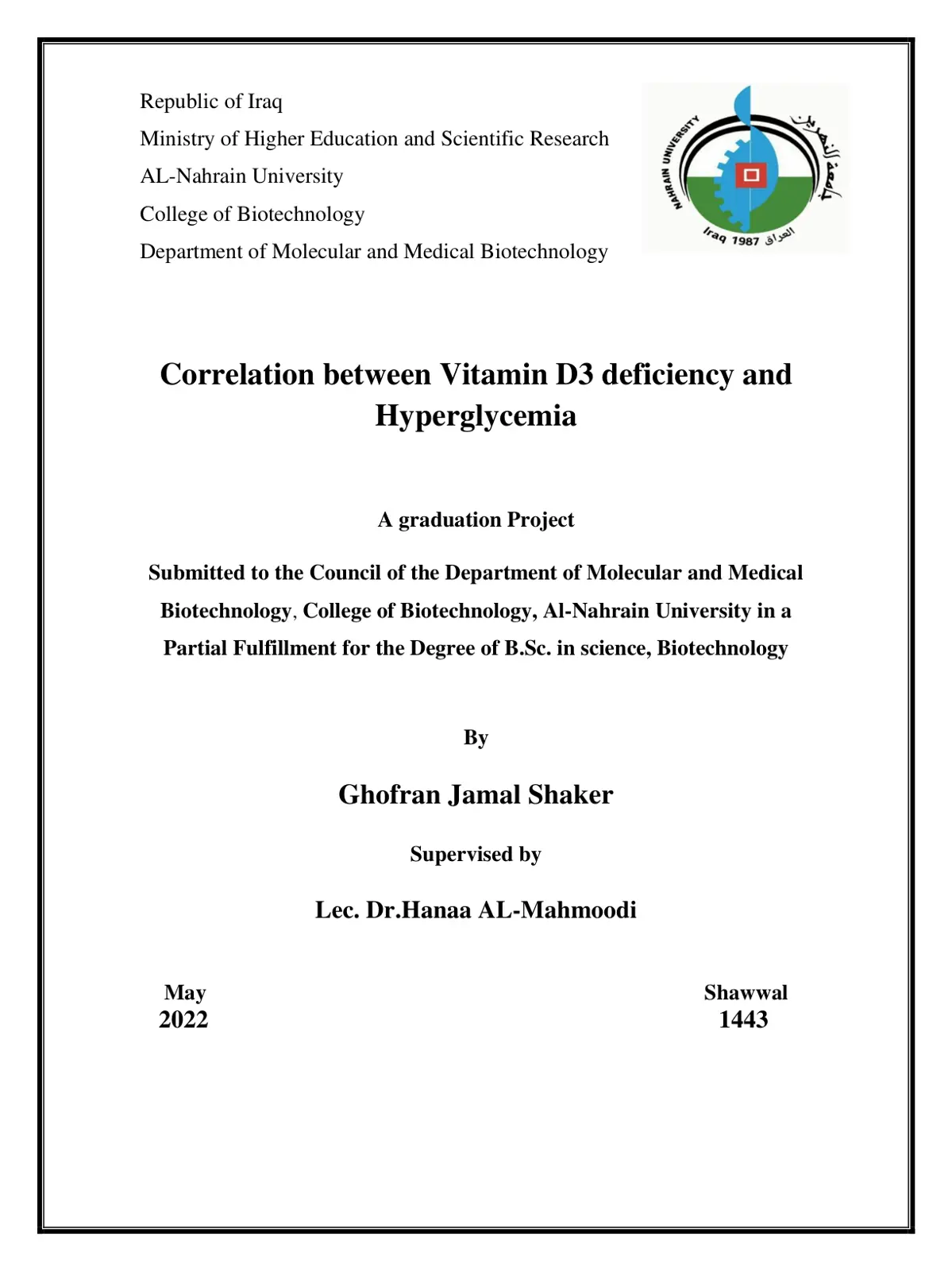 غلاف تقرير Correlation between Vitamin D3 deficiency and Hyperglycemia