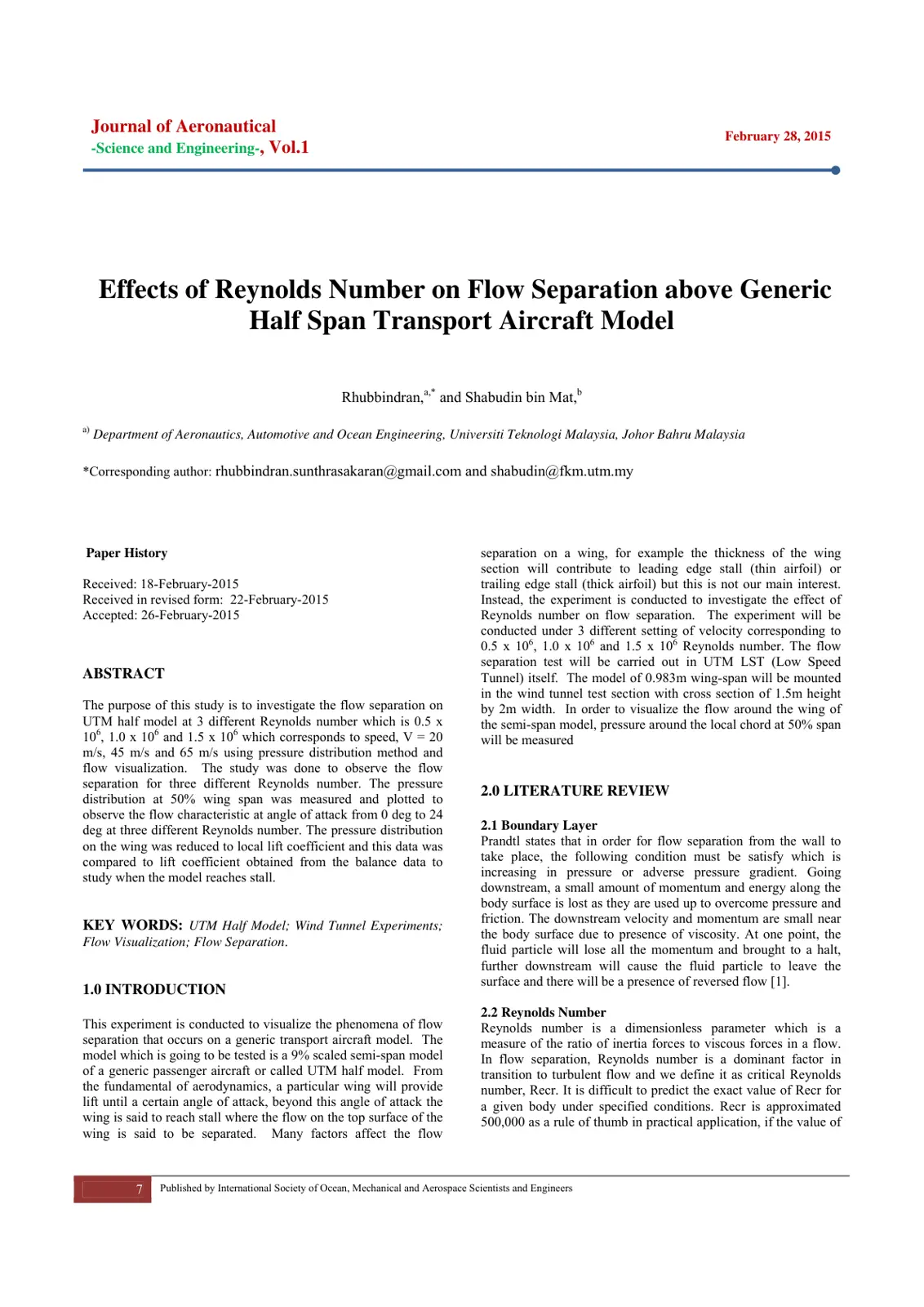 غلاف تقرير Effects of Reynolds Number on Flow Separation above Generic Half Span Transport Aircraft Model