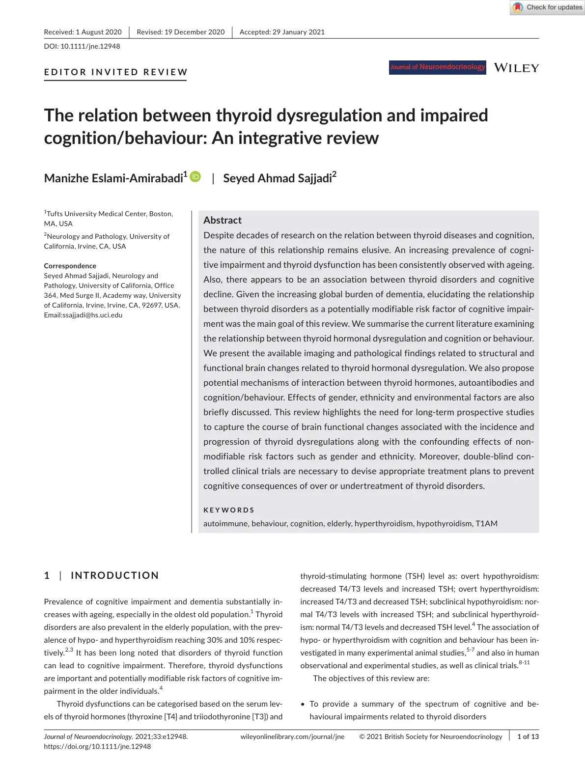 غلاف تقرير The relation between thyroid dysregulation and impaired cognition/behaviour: An integrative review