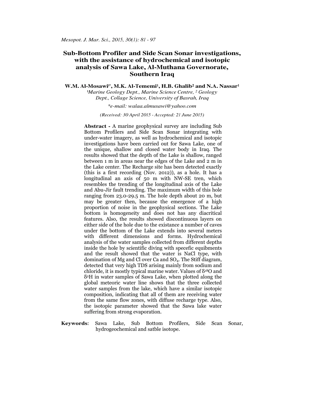 غلاف تقرير Sub-Bottom Profiler and Side Scan Sonar investigations, with the assistance of hydrochemical and isotopic analysis of Sawa Lake, Al-Muthana Governorate, Southern Iraq