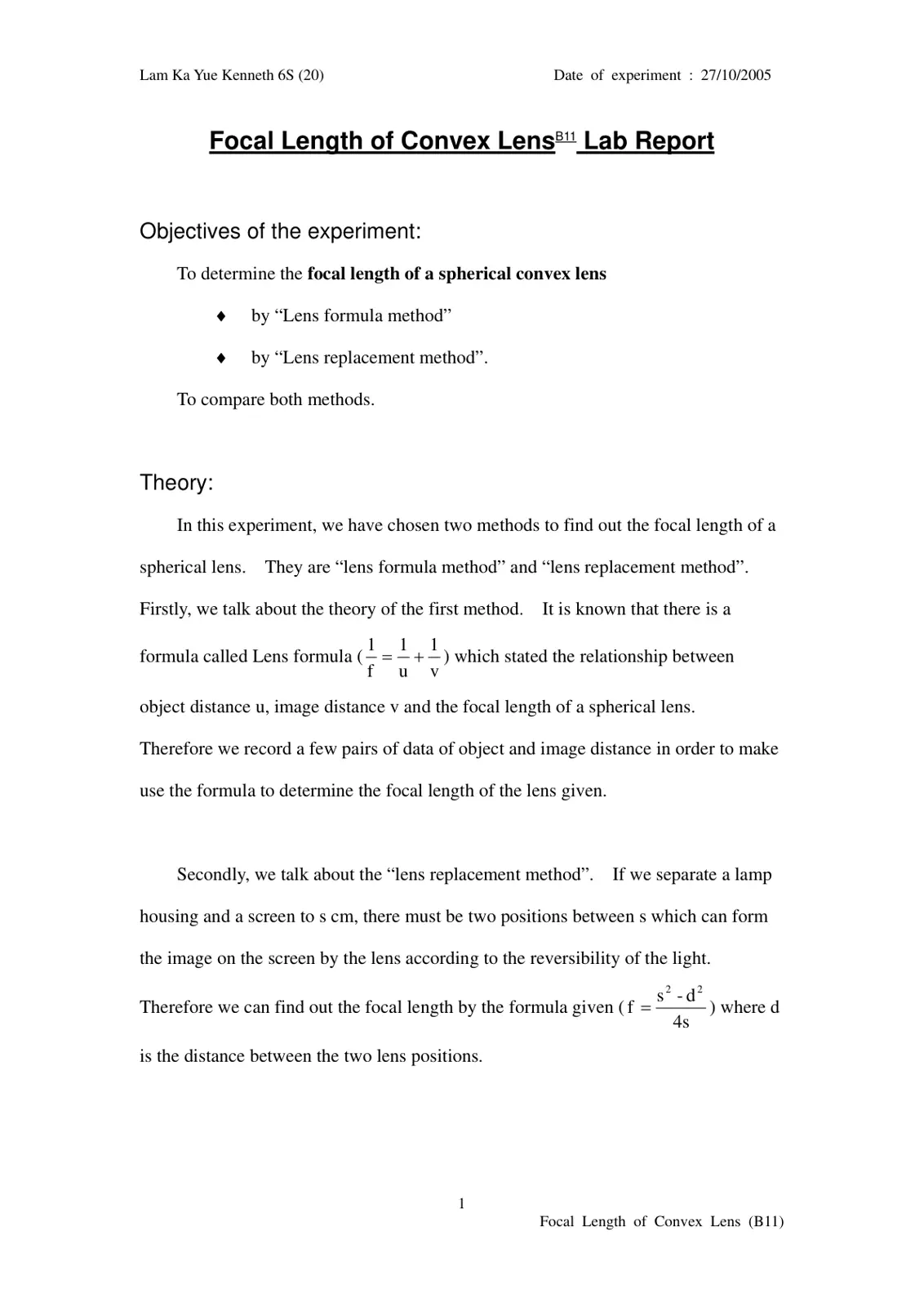 غلاف تقرير Focal Length of Convex Lens B11 Lab Report