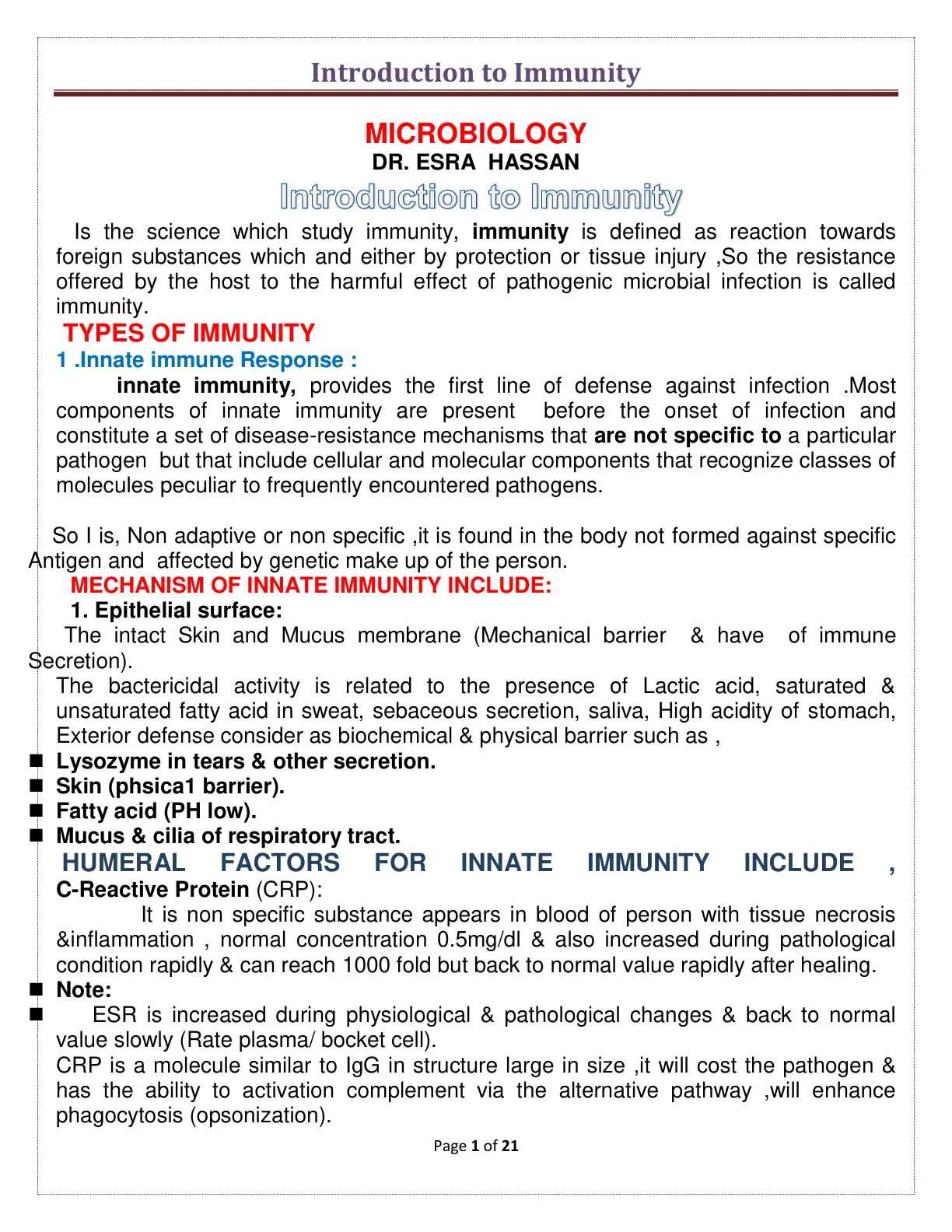 غلاف تقرير Introduction to Immunity