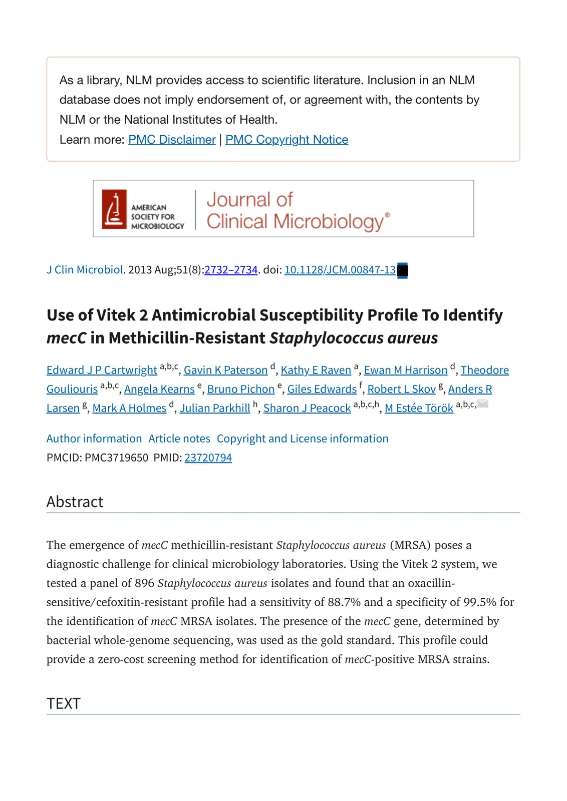 غلاف تقرير Use of Vitek 2 Antimicrobial Susceptibility Profile To Identify mecC in Methicillin-Resistant Staphylococcus aureus