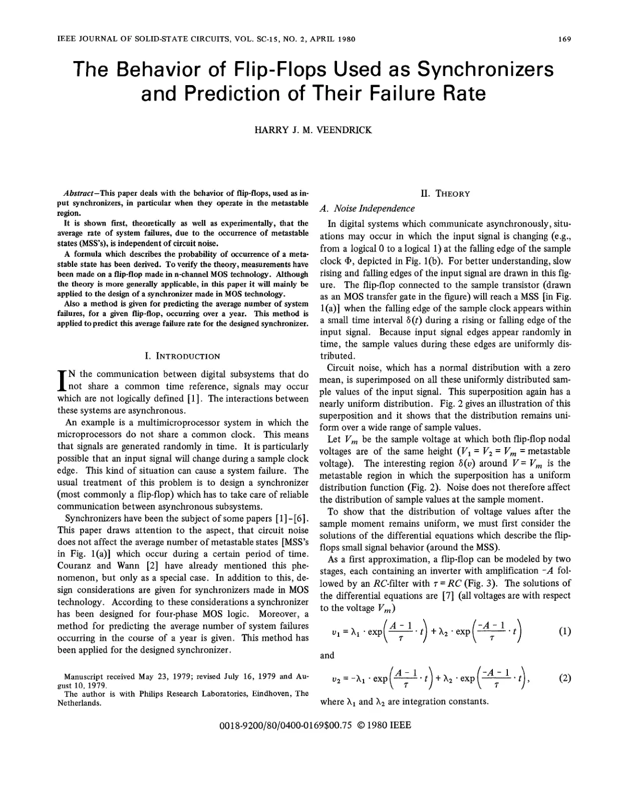 غلاف تقرير The Behavior of Flip-Flops Used as Synchronizers and Prediction of Their Failure Rate