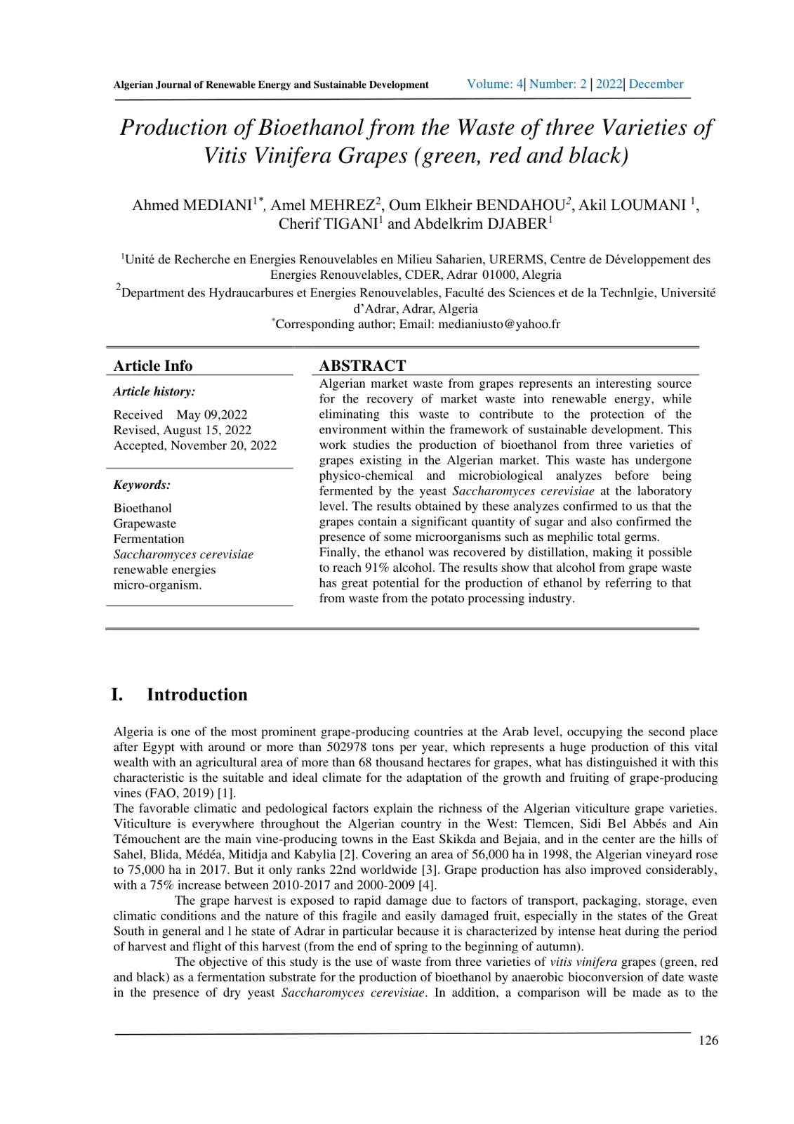 غلاف تقرير Production of Bioethanol from the Waste of three Varieties of Vitis Vinifera Grapes (green, red and black)