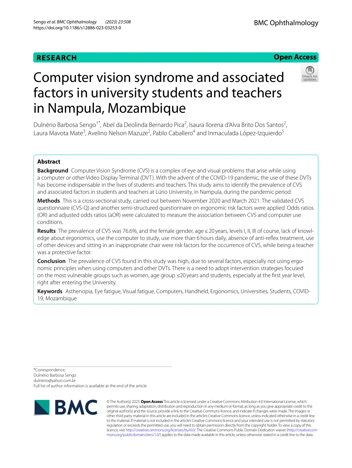 غلاف تقرير Computer vision syndrome and associated factors in university students and teachers in Nampula, Mozambique
