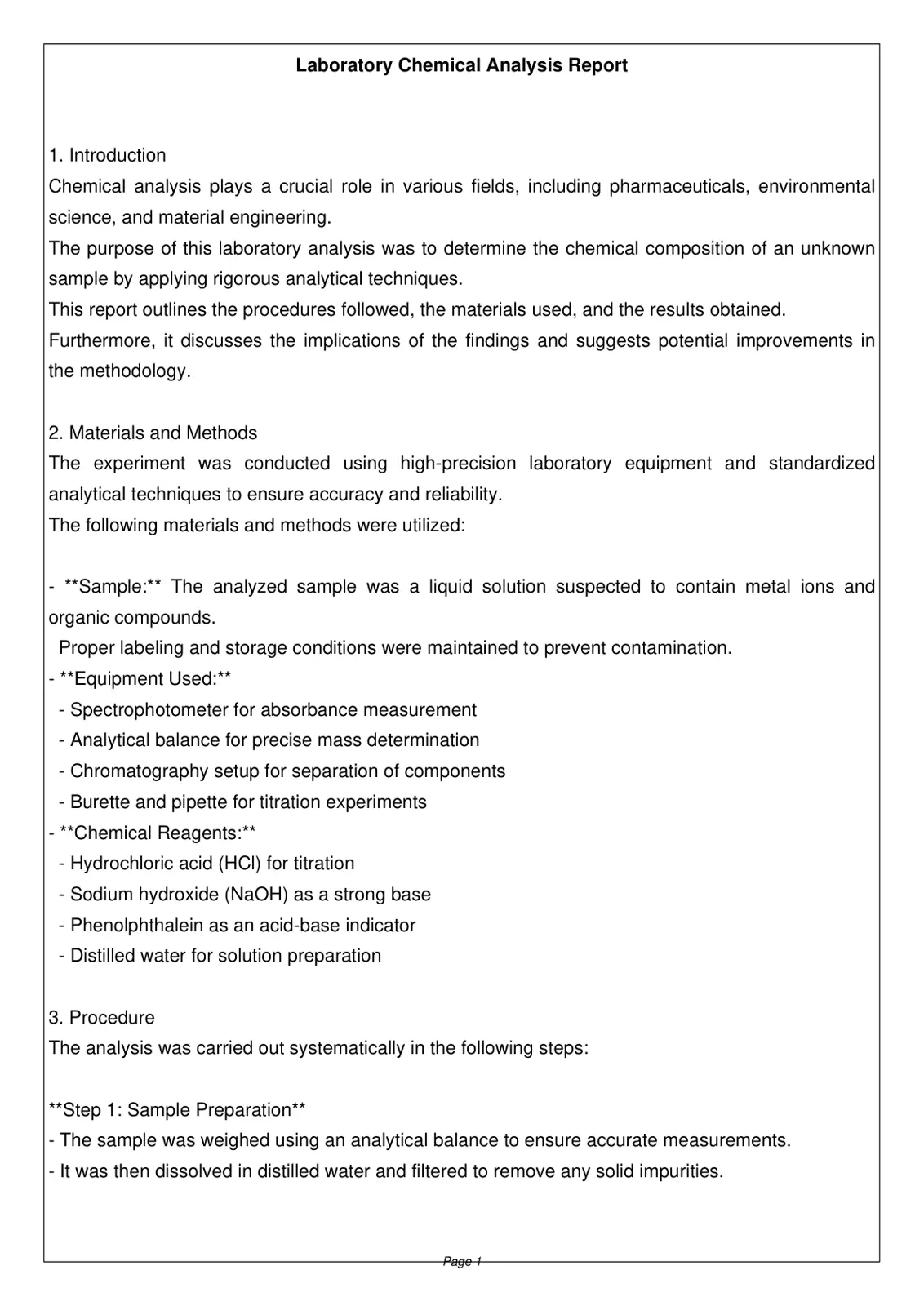 غلاف تقرير Laboratory Chemical Analysis Report