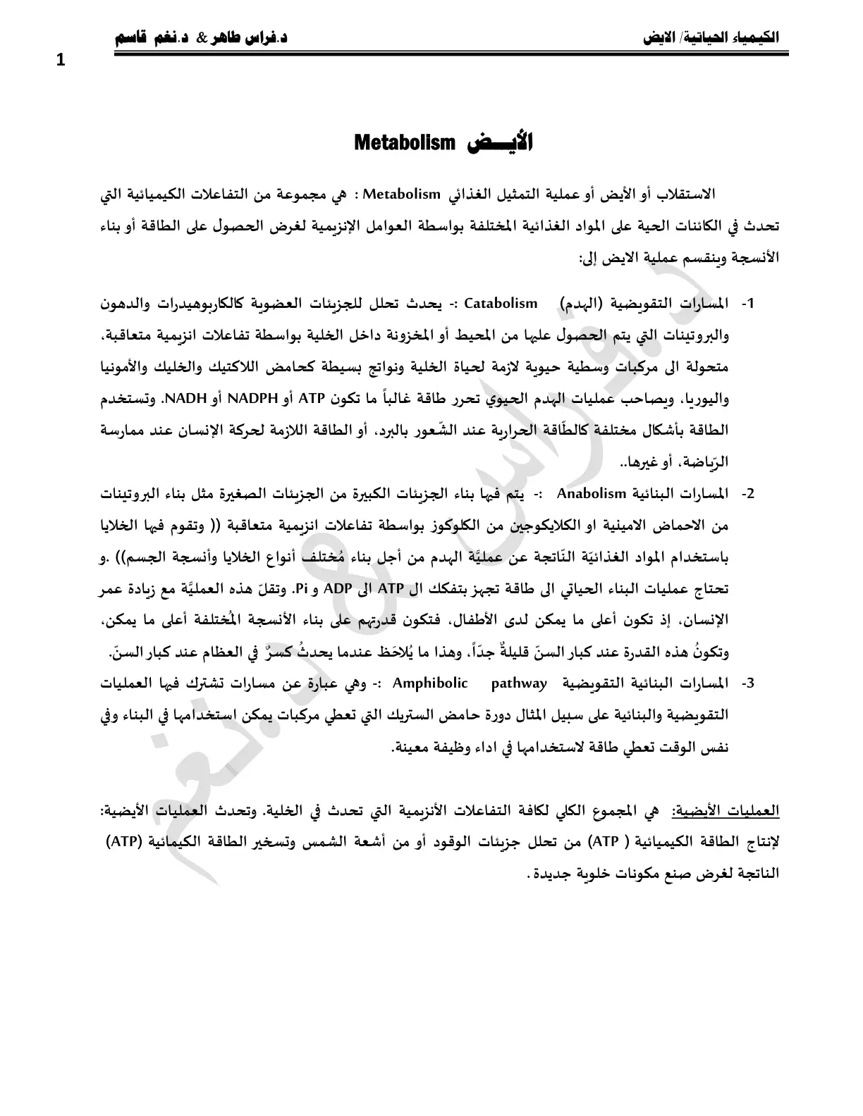 غلاف تقرير الكيمياء الحياتية - الأيض