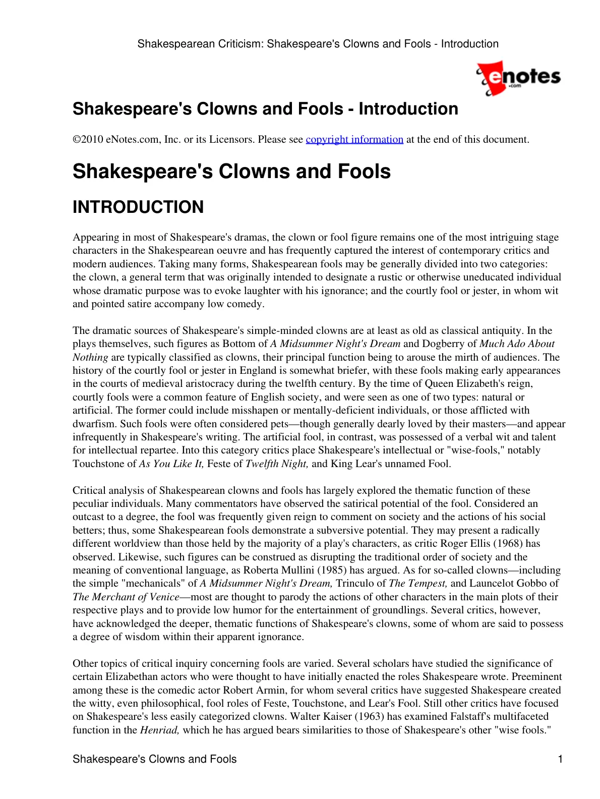 غلاف تقرير Shakespearean Criticism: Shakespeare's Clowns and Fools - Introduction