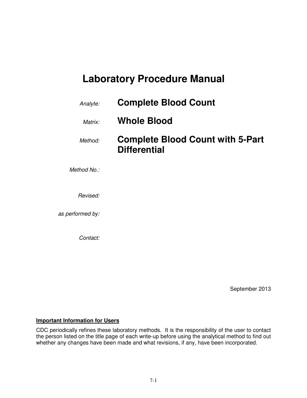 غلاف تقرير Laboratory Procedure Manual: Complete Blood Count with 5-Part Differential