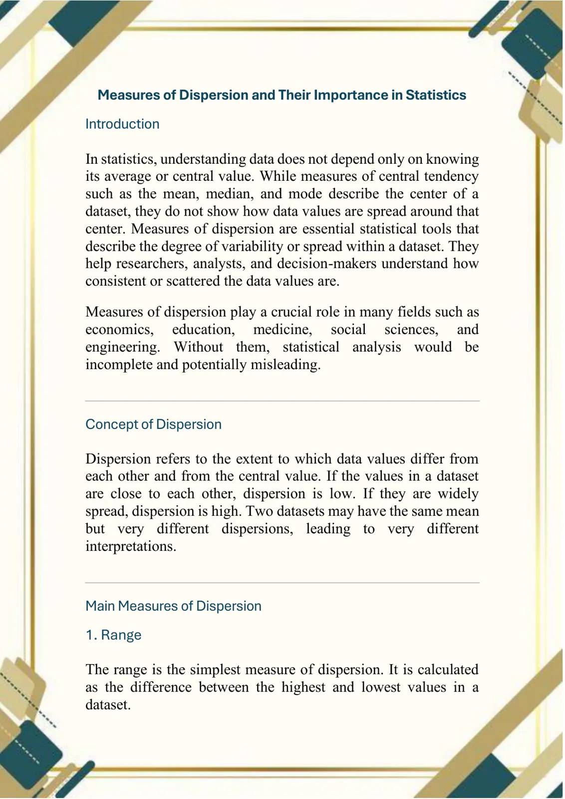 غلاف تقرير Measures of Dispersion and Their Importance in Statistics