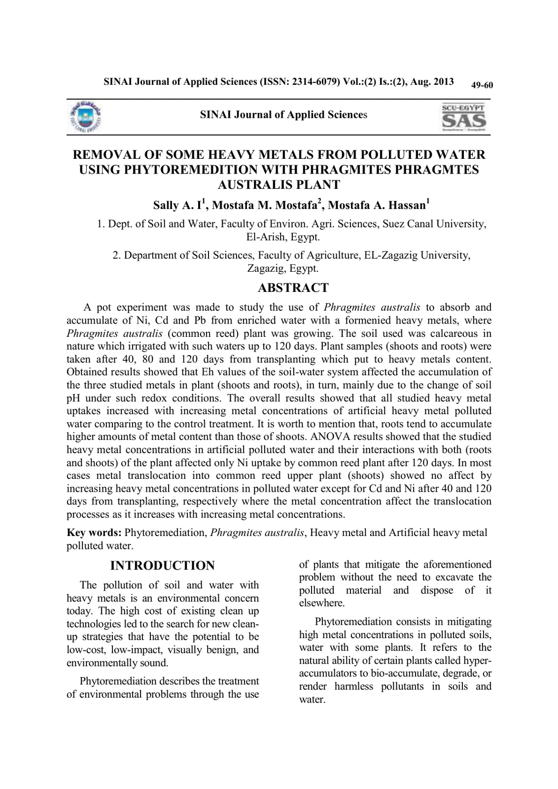 غلاف تقرير Removal of Some Heavy Metals from Polluted Water Using Phytoremediation with Phragmites Australis Plant