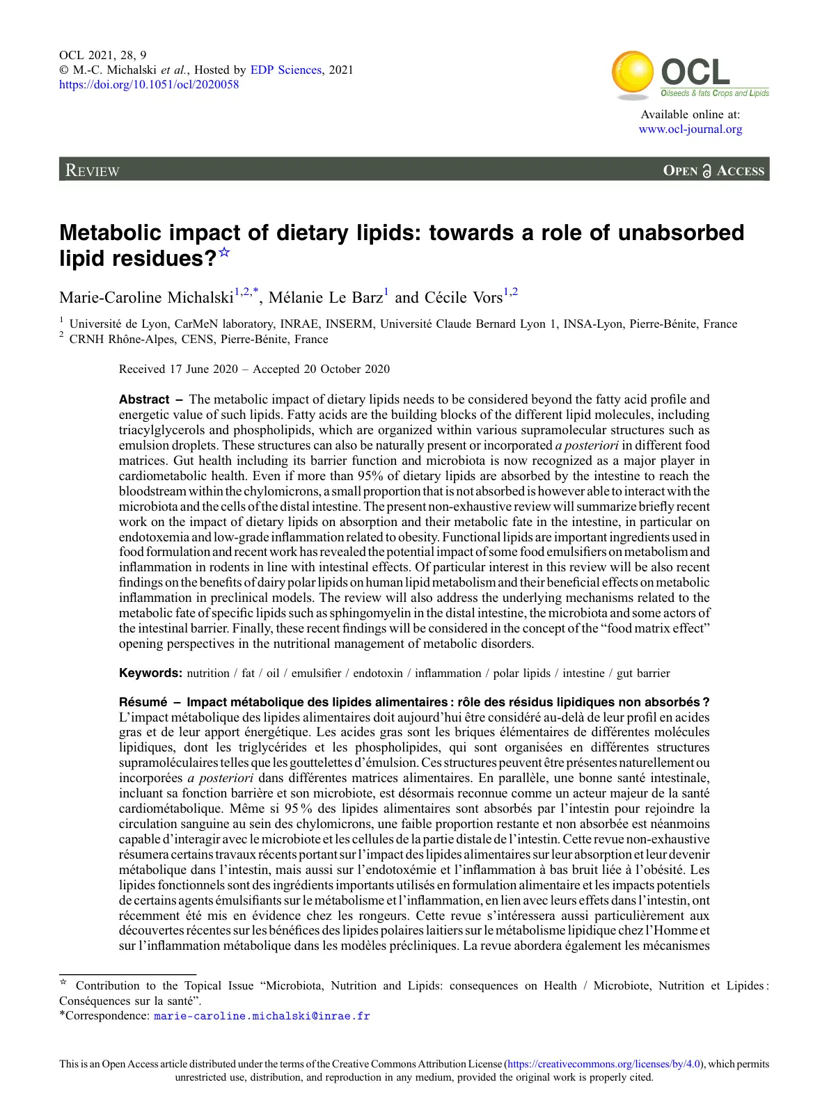 غلاف تقرير Metabolic impact of dietary lipids: towards a role of unabsorbed lipid residues?