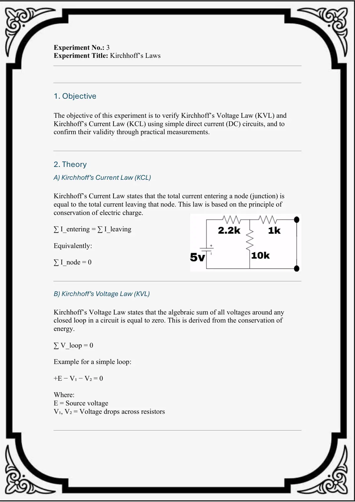 غلاف تقرير Experiment No. 3: Kirchhoff's Laws