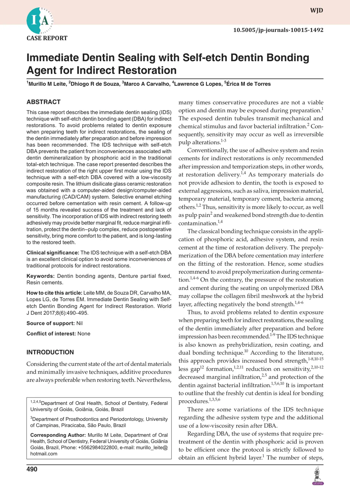 غلاف تقرير Immediate Dentin Sealing with Self-etch Dentin Bonding Agent for Indirect Restoration