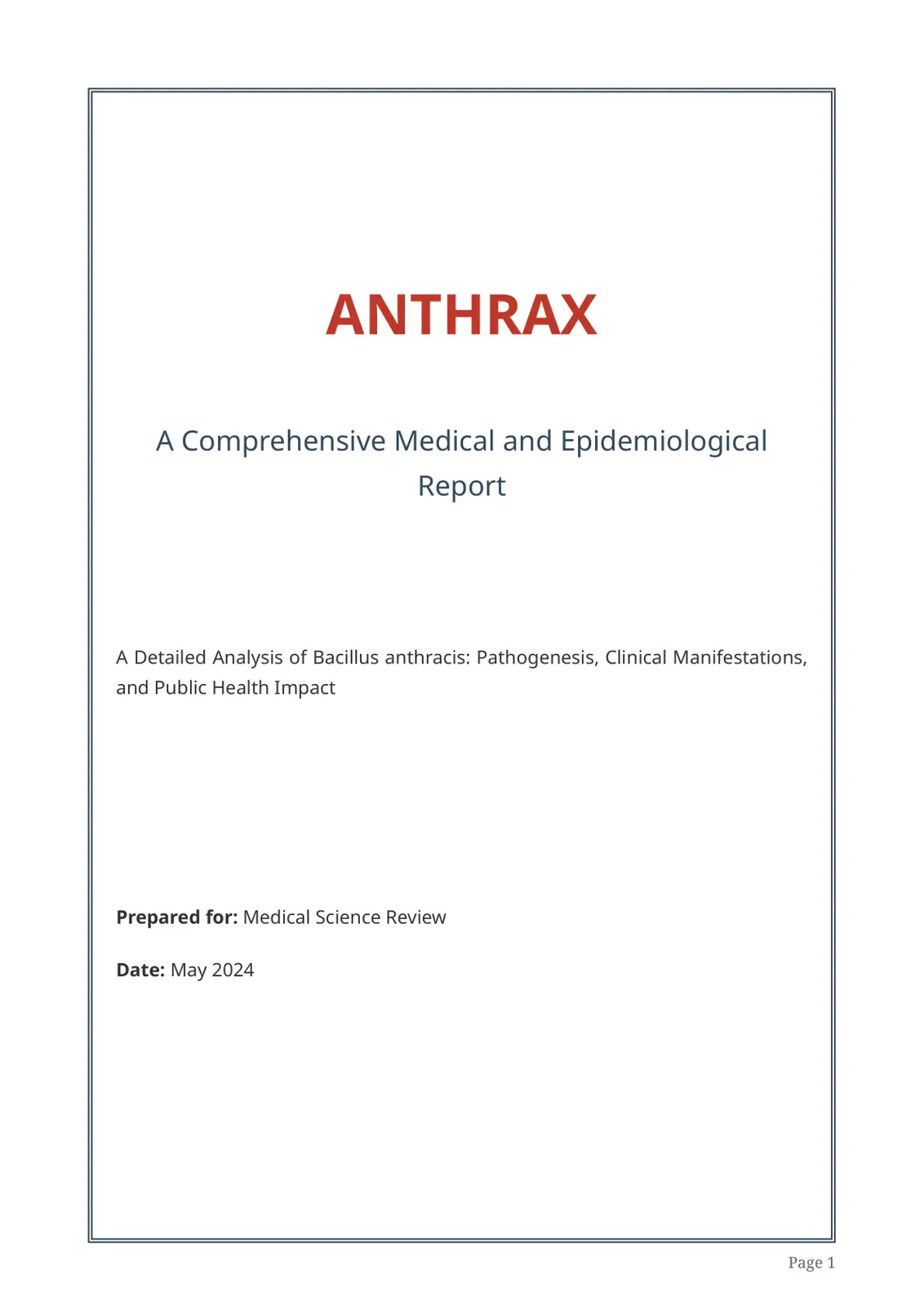 غلاف تقرير Anthrax: A Comprehensive Medical and Epidemiological Report