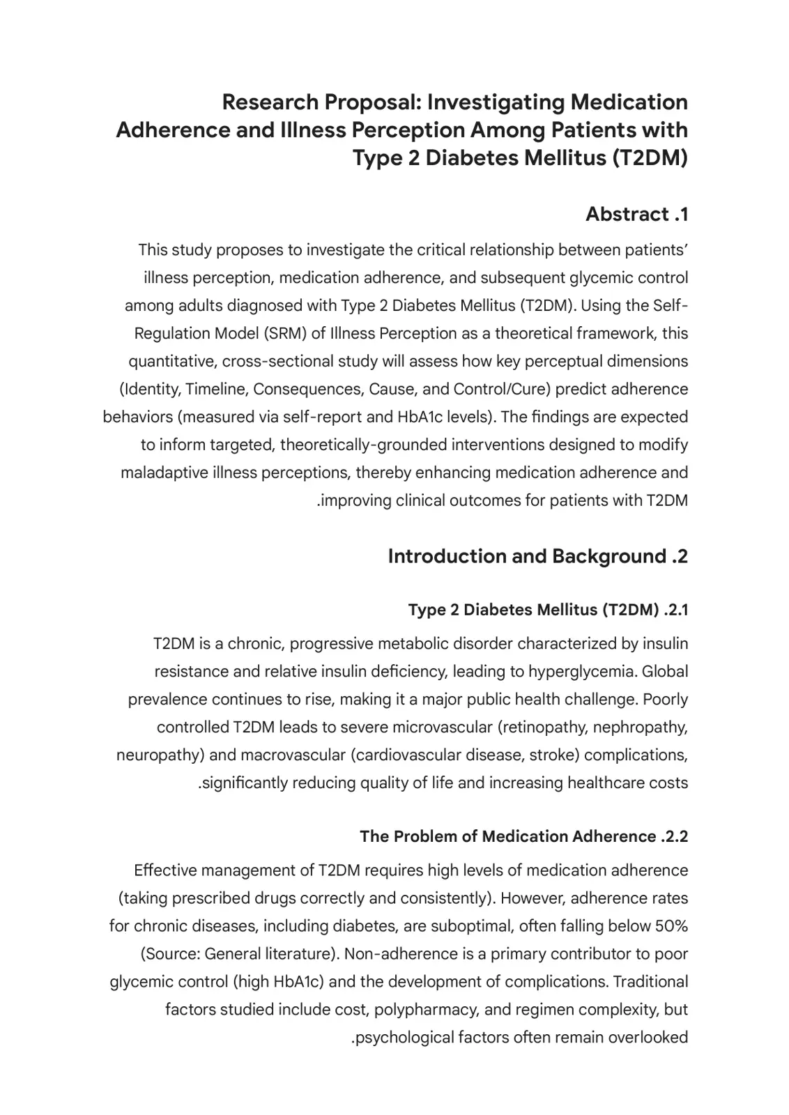 غلاف تقرير Research Proposal: Investigating Medication Adherence and Illness Perception Among Patients with Type 2 Diabetes Mellitus (T2DM)