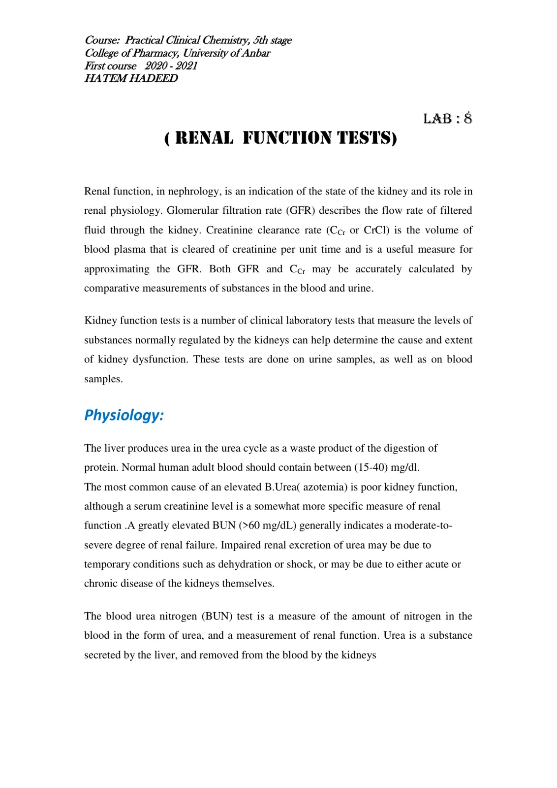 غلاف تقرير RENAL FUNCTION TESTS