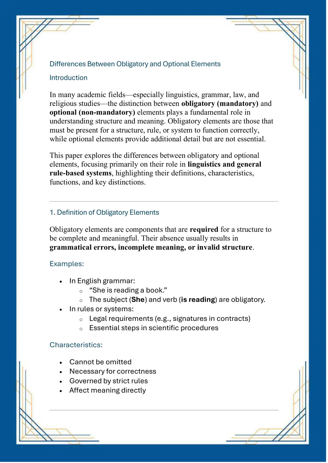 غلاف تقرير Differences Between Obligatory and Optional Elements