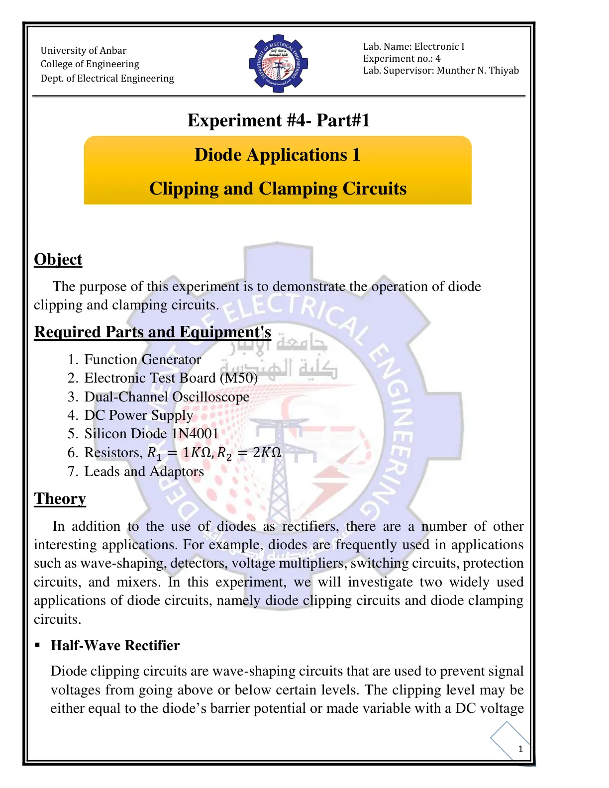 غلاف تقرير Diode Applications 1: Clipping and Clamping Circuits