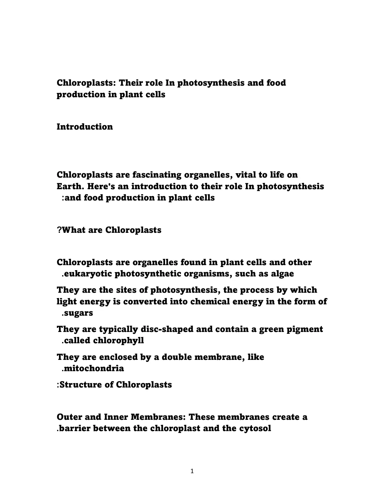غلاف تقرير Chloroplasts: Their role in photosynthesis and food production in plant cells