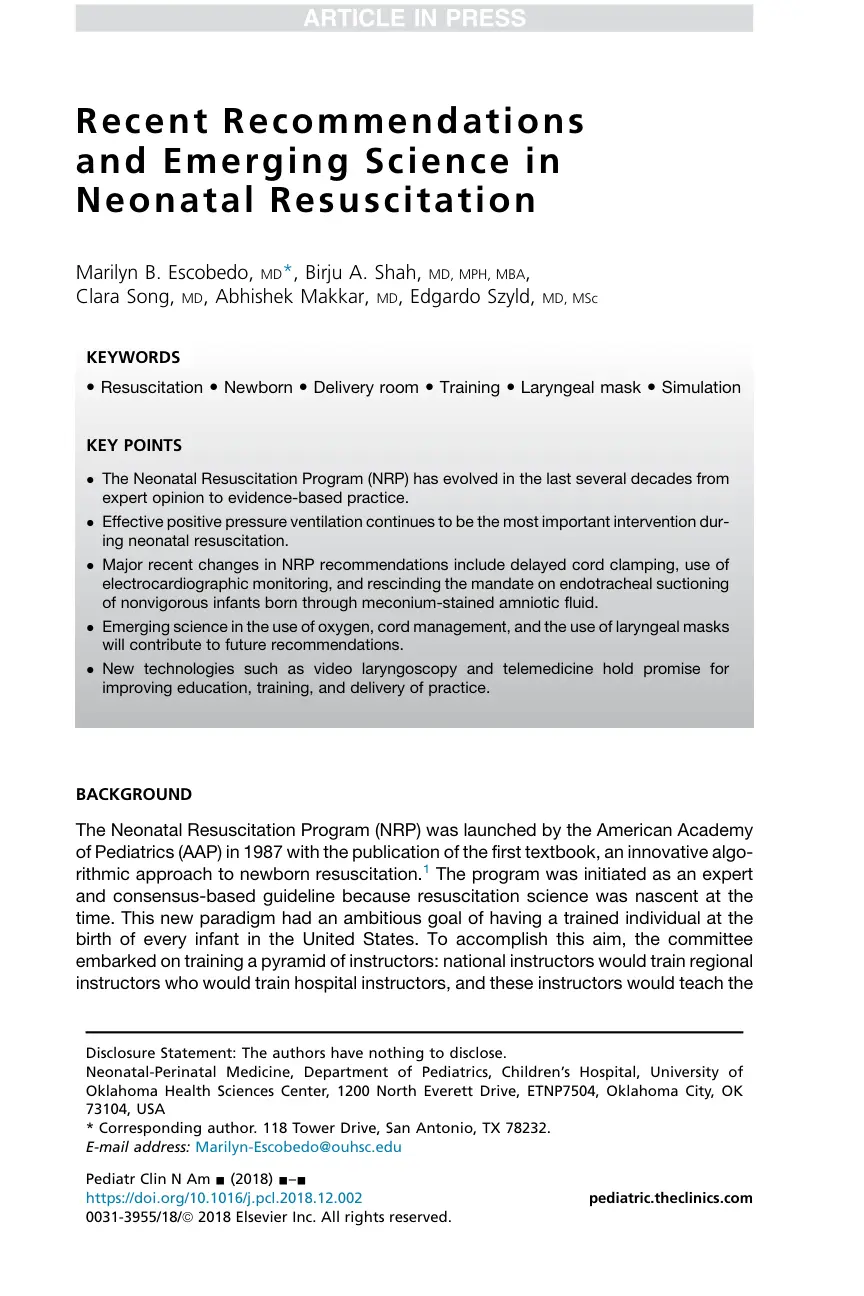 غلاف تقرير Recent Recommendations and Emerging Science in Neonatal Resuscitation