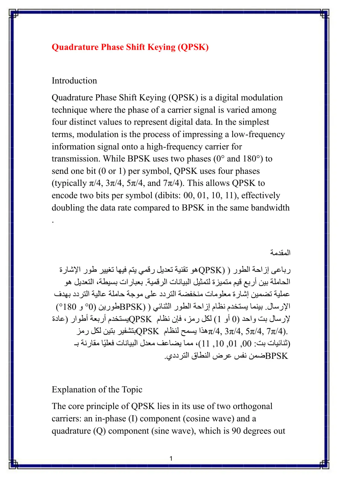 غلاف تقرير Quadrature Phase Shift Keying (QPSK)