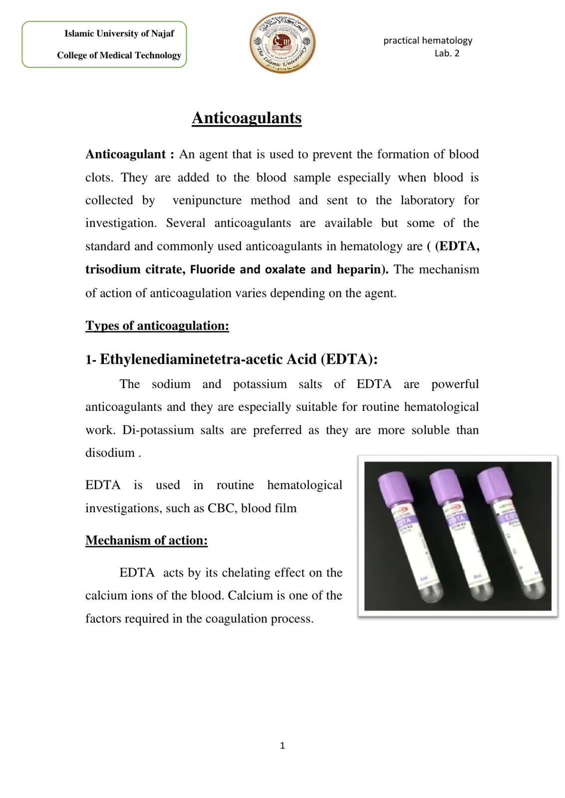 غلاف تقرير Practical Hematology Lab 2: Anticoagulants