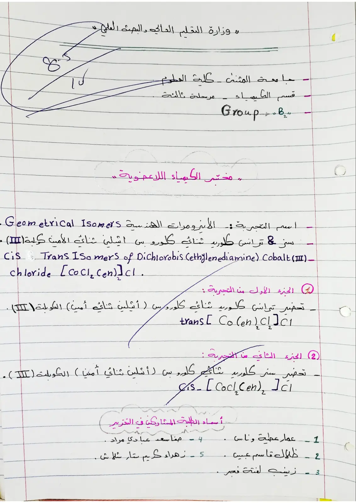 غلاف تقرير تحضير ترانس كلوريد ثنائي كلورو بس (إيثيلين ثنائي أمين) الكوبلت (III)