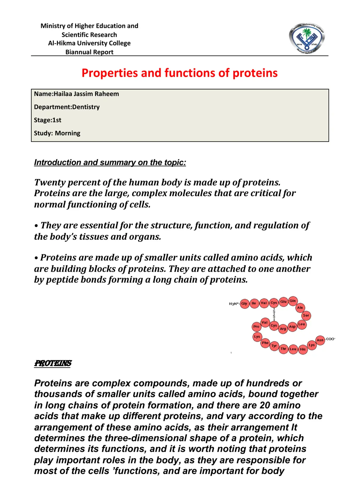 غلاف تقرير Properties and Functions of Proteins