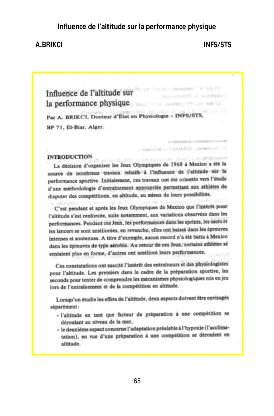 غلاف تقرير Influence de l'altitude sur la performance physique