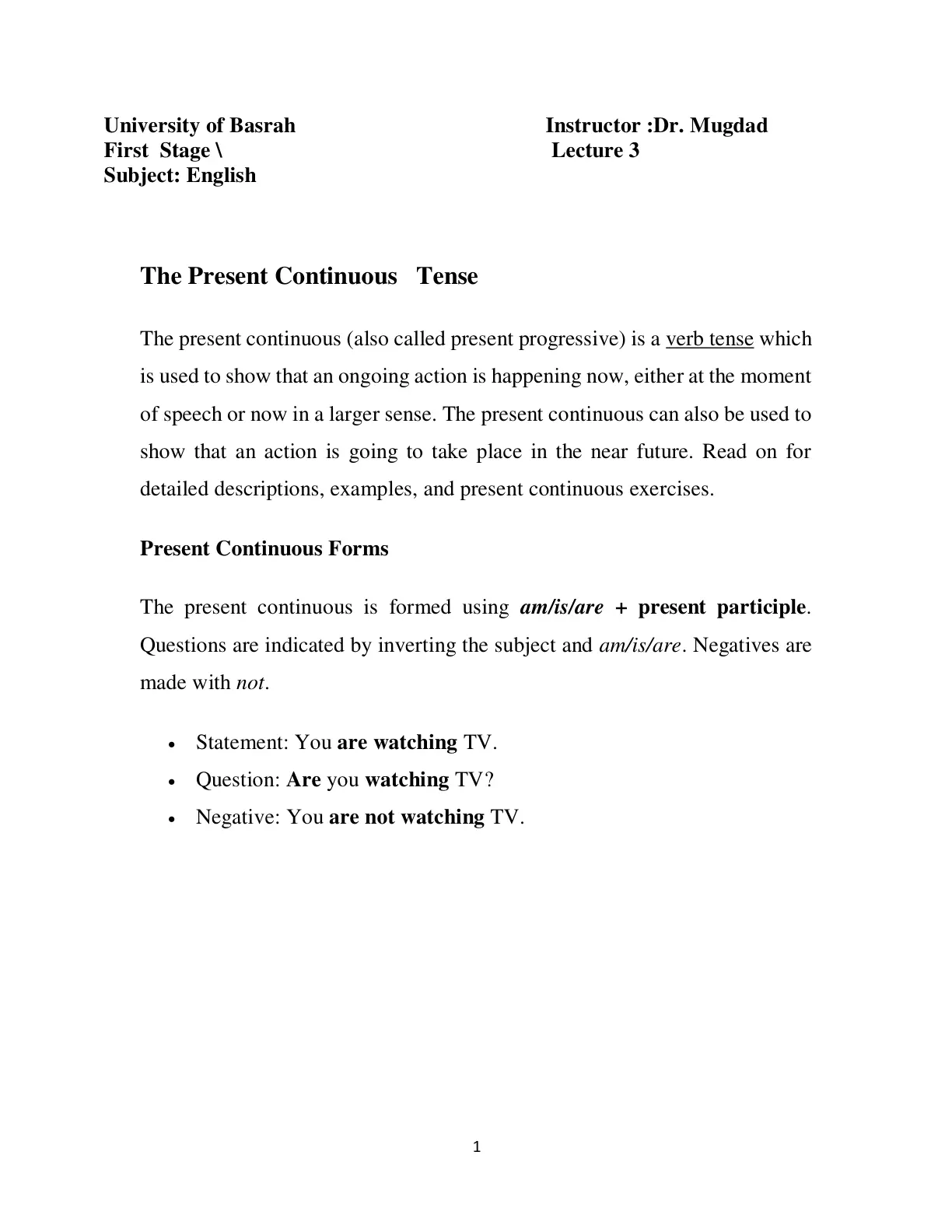 غلاف تقرير The Present Continuous Tense – Lecture 3