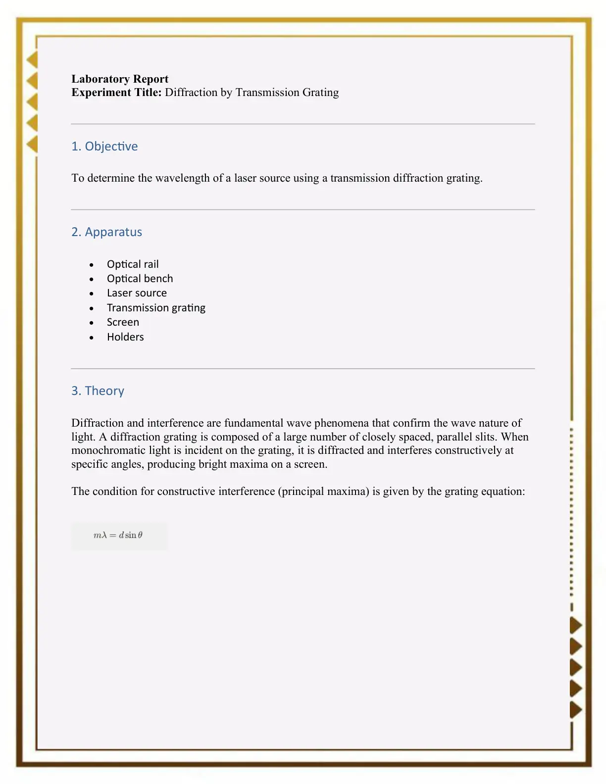 غلاف تقرير Laboratory Report: Diffraction by Transmission Grating