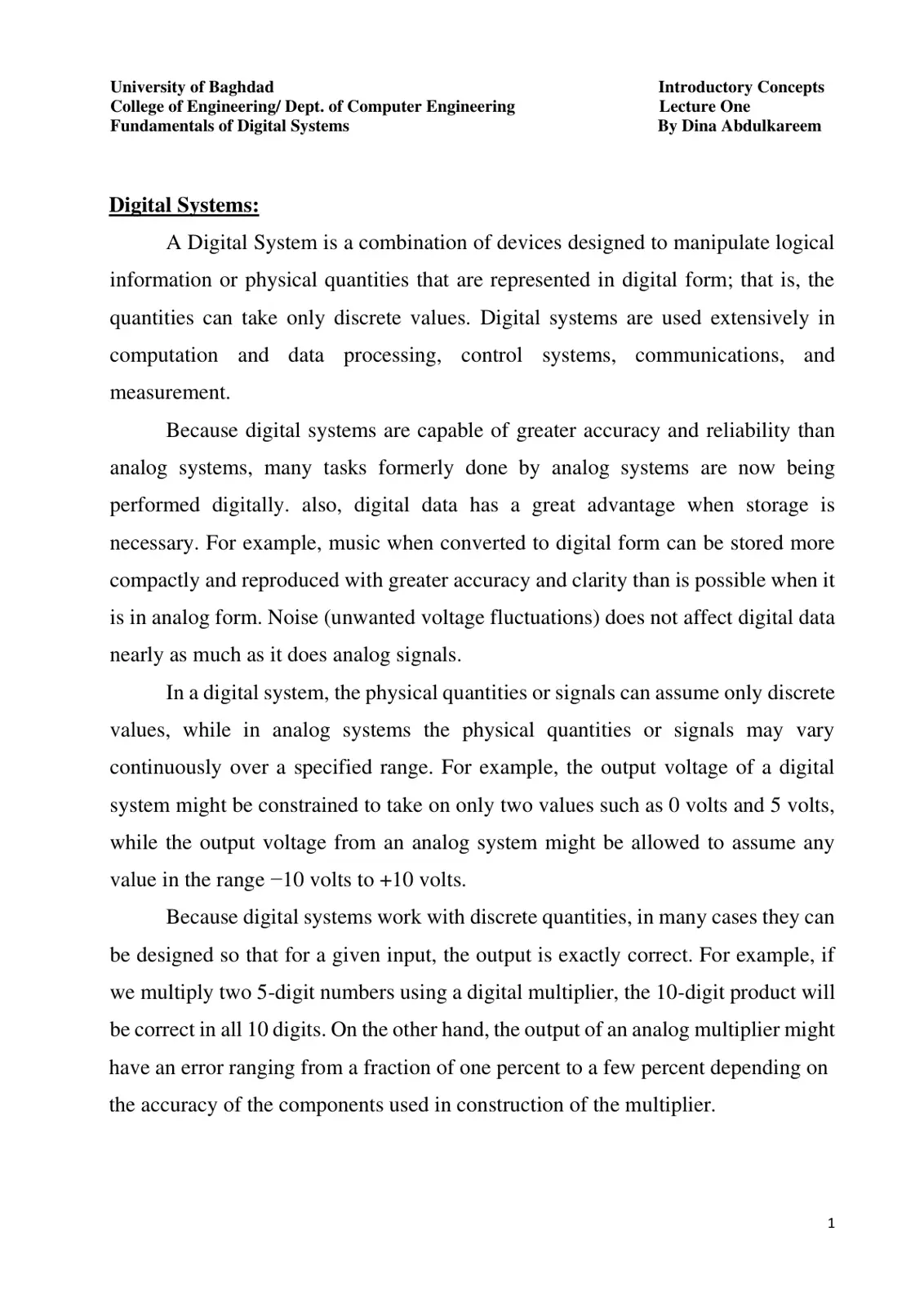 غلاف تقرير Fundamentals of Digital Systems Introductory Concepts Lecture One
