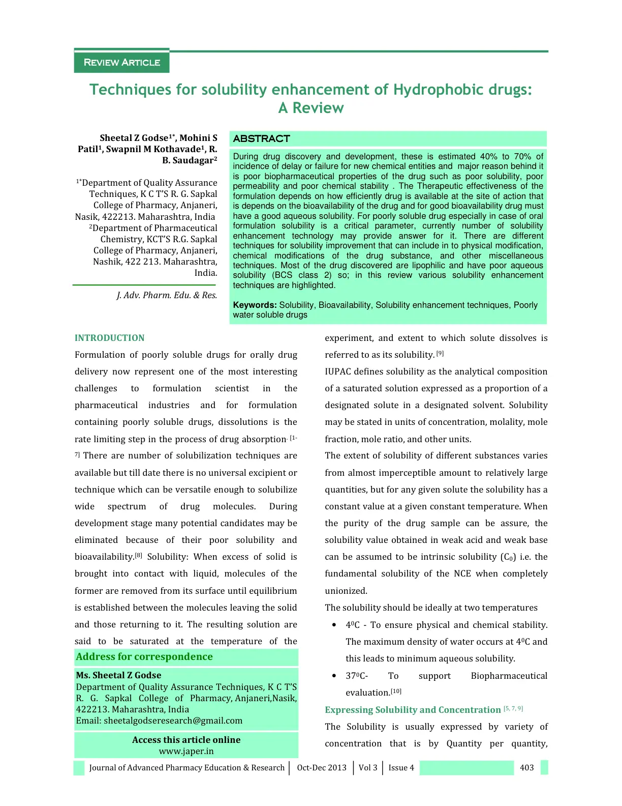 غلاف تقرير Techniques for solubility enhancement of Hydrophobic drugs: A Review