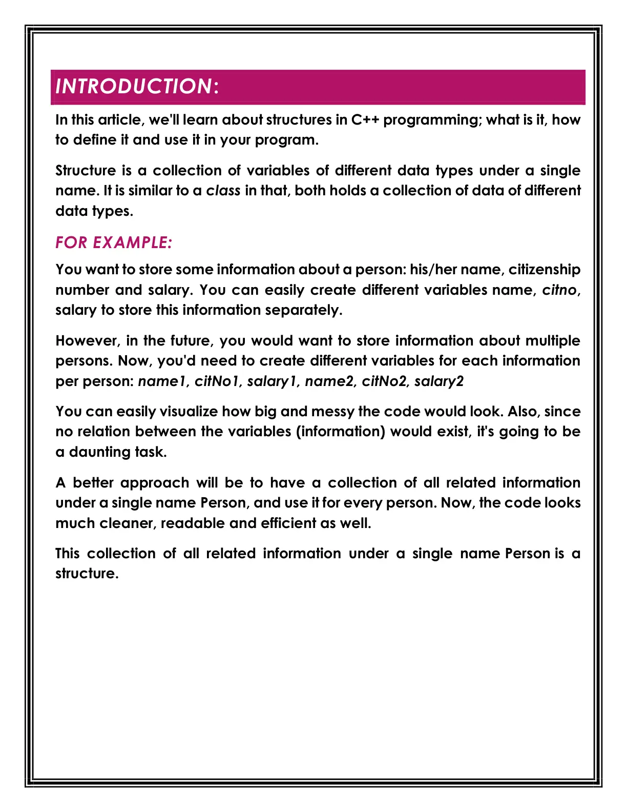 غلاف تقرير Structures in C++ Programming