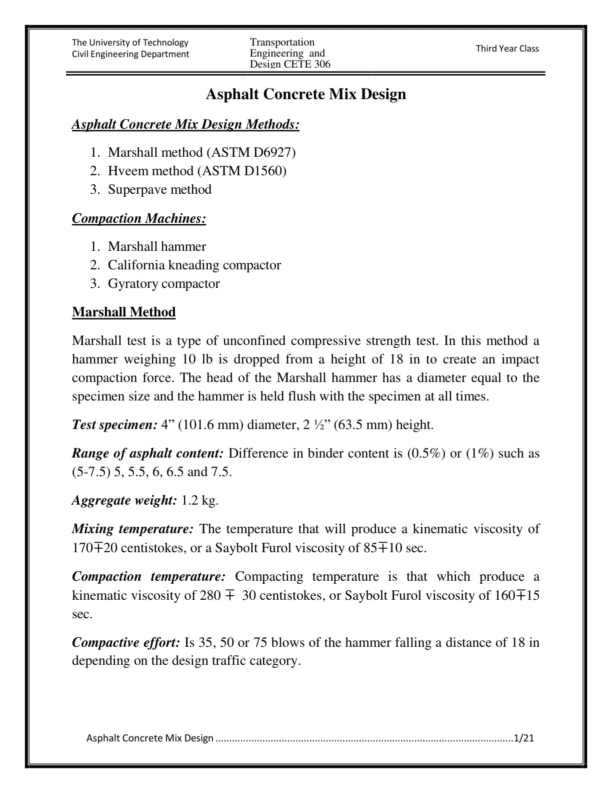 غلاف تقرير Asphalt Concrete Mix Design CETE 306